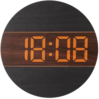 Lancoon Digitale Wanduhr aus Holz mit LED Großanzeige Automatisch Dimmen Stille Rund 12/24 Stunden Schalter Hängend Plug-in für Zuhause Wohnzimmer Büro