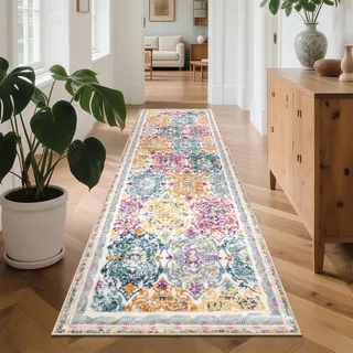 Enyhom Läufer Flur 75 x 243cm Kurzflor Langer Vintage Teppichläufer Flur Boho Teppich Küche rutschfest Eingangstürmatte Waschbar Weich Läufer für Waschküche Schlafzimmer, Bunte