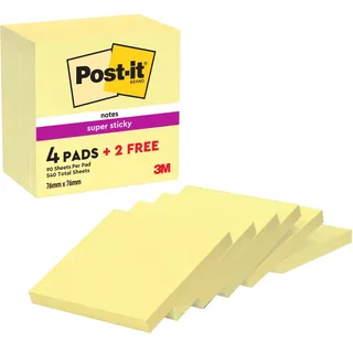 Post-it Super Sticky Notes Kanariengelb, Packung mit 6 Blöcken, 90 Blatt pro Block, 76 x 76 mm