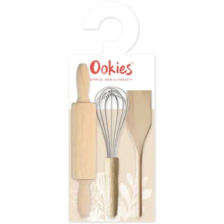 ookies - Set mit 3 Backutensilien für Kinder – Set mit 3 Utensilien: Schneebesen, Spatel & Rolle – Holz & Edelstahl – für Kuchen, Kekse, Küche – Geschenkidee – OO82001