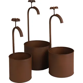 3.10 Blumentopf mit Wasserhahn in ROST - 3er Set / ca. Ø 17 / 14 / 12 cm - Metall Eimer Deko