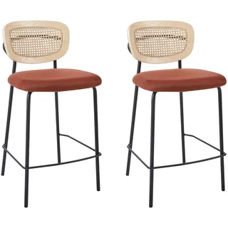 BELIANI Set aus 2 Barstühlen Orange Polyesterpolsterung Naturrattan Wiener Geflecht Rückenlehne Schwarz Metallbeine Armlose Hocker - Beige, Orange, Schwarz