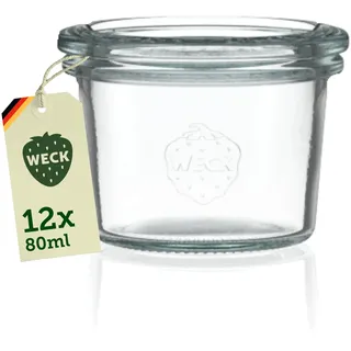 Weck Gläser 65ml – 12er Set mit Deckeln – Sturzform – robuste, stapelbare Dessertgläser, Einkoch- & Einmachgläser – klein – Weckglas ideal für Nachtisch – Made in Germany