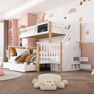 Flieks Etagenbett mit Rausfallschutz, Hochbett mit Treppe, Kinderbett mit Schubladen und Tafel, Massivholzbett Stockbett 90x200cm / 140x200cm - Naturbelassen