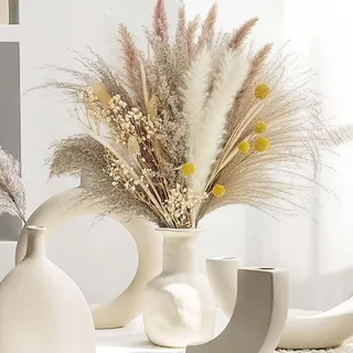 Pampasgras Deko - 73 Stück DIY Trockenblumen, Natürliche Trockenblumen - Boho Esszimmertisch Deko mit Getrocknetem Pampasgras, Schleierkraut - Ideal für Tischdeko, Vasen und Fensterbank