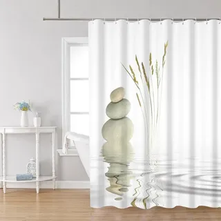 Uiiooazy Duschvorhang 180x180cm, Duschvorhang Anti Schimmel Spa Steine Grau Pebble Zen Landschaft Motiv Duschvorhänge Stoff Waschbar Wasserdicht Polyester Bad Vorhang mit 12 Haken für Badezimmer