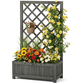 Hochbeet mit Rankgitter aus Holz, Pflanzkasten mit Rankhilfe für Kletterpflanzen, Vertikales Gartenbeet für Blumen, Gemüse & Kräuter, Blumenkasten für Balkon, Terrasse & Garten, Höhe 100cm