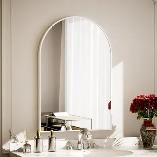 Koonmi Bogen Wandspiegel 51 x 76 cm, Aluminiumrahmen, Weiß | Halbkreisförmiger Bad und Schminkspiegel zur Wandmontage für Badezimmer, Ankleidezimmer, Wohnzimmer und Flur