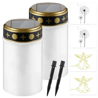 LED Solar Grablicht 2er Set mit Erdspieß Wetterfest Solar Grablicht für Außen Flammenlose LED Friedhofkerze Grabkerzen mit Batterie Timer Grablaterne
