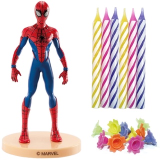 dekora - Spiderman PVC-Set mit 10 Geburtstagskerzen - Set zum Dekorieren von Geburtstagstorten - Attraktives Design - Set mit 1 Spiderman Figur und 10 Kerzen mit Sockel