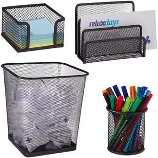 Relaxdays Schreibtisch Organizer 4er Set, Papierkorb, Stiftebox, Zettel-& Briefablage, Arbeits-& Kinderzimmer, schwarz