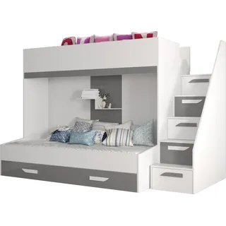 Etagenbett für Kinder Party 16 Stockbett mit Treppe und Bettkasten (Weiß + Grau Glanz) - Weiß, Grau