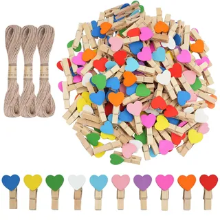 CUWELT 150 x Farbige Herz Holzklammern, 35MM Bunte Kleine Herz Wäscheklammern, Herzklammern mit 30M Juteschnur, Mini Bunte Dekoklammern für Hochzeit Party Foto Karte DIY Basteln