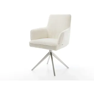 Drehstuhl Heira-Flex mit Armlehnen Bouclé Weiß Kreuzgestell breit Edelstahl 360° drehbar Wippfunktion Taschenfederkern