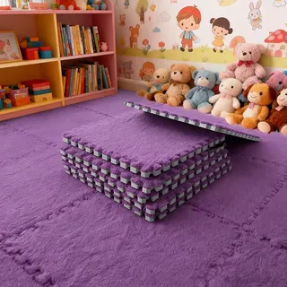12 Stück Teppichboden Schaumstoffmatte, Plüsch Teppichfliesen, Ineinandergreifender Wohnzimmer Memory Foam Teppich (Tiefviolett)
