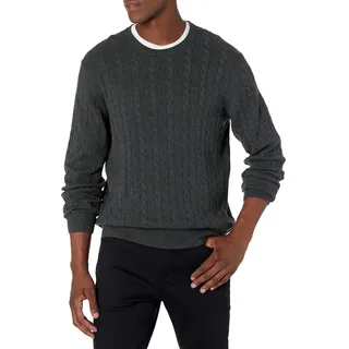 Amazon Essentials Herren Baumwoll-Pullover mit Rundhalsausschnitt und Zopfmuster, Dunkelgrau Meliert, S