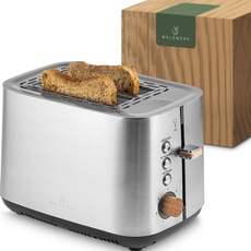 WALDWERK Design Toaster - aus 304 Edelstahl und Eichenholz - für 2 Scheiben - mit Brötchenaufsatz - mit extra breiten und tiefen Toastkammern - mit Krümelschublade