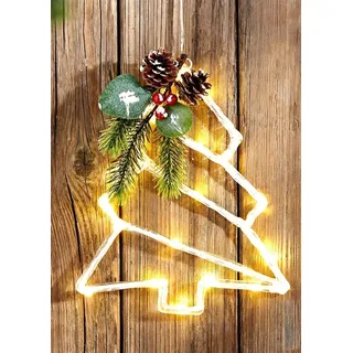 LED Wanddeko "Tanne" 25 cm hoch, mit Lichterkette, Zweigen und Tannenzapfen, Weihnachtsdeko, Leuchtdeko