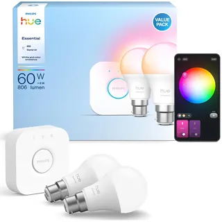 Philips Hue Essential Starter-Set: Bridge + 2 Essential B22 Smart Leuchtmittel, Weiß und Farbe, 2200 K-6500 K, dimmbar, funktioniert mit Alexa, Google Assistant, Samsung SmartThings, Apple Home
