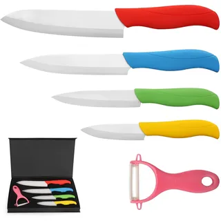 BelleStyle Keramikmesser Set, Professionelle Kochmesser Sets mit Mehrfarbig Ergonomischer Griff für Fleisch, Brot, Obst & Gemüse - 4 Teilig Keramik Messer und 1 Sparschäler