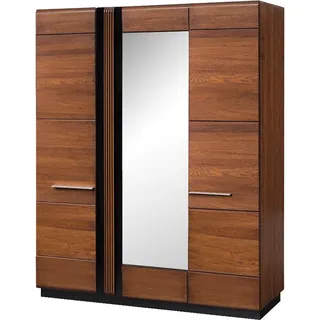 Furniture24 Kleiderschrank Porti 73 Schrank 3 Türiger mit 2 Kleiderstangen und Spiegel Eiche Massivholz Naturfurnier Eiche Antik