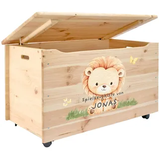 Pinus Spielzeugkiste personalisierbar 90x48x51 cm mit Deckel Rollen | Kiefernholz, Wunschname personalisiert, große Aufbewahrung, für Spielzeug Decken Erinnerungen, Kinderzimmer Geschenk Geburt