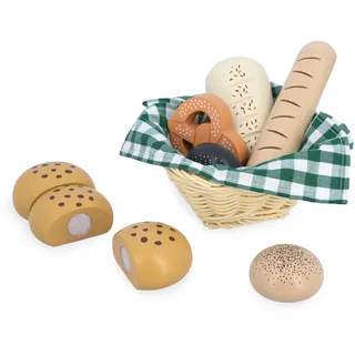 Janod - Holz Bäckereikorb - Viennoiseries Korb - 6 Realistische Dinette Zubehör - Ideale Ergänzung zur Kinderküche - Fördert die Vorstellungskraft - Ab 3 Jahre - J06645