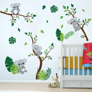 Runtoo Wandtattoo Koala Baby Wandsticker Baum Tiere Palmen Blätter Wandaufkleber Kinderzimmer Babyzimmer Mädchen Junge Wanddeko
