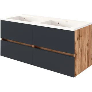 Badezimmer Doppelwaschtisch 120 cm mit Waschbecken LOUROSA-03 in Wotaneiche Nb. mit matt grau, B/H/T: ca. 120/56/47 cm - Braun