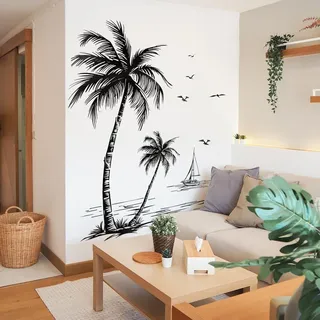 WandSticker4U®- Wandtattoo Palmen Schwarz Weiß (94x108 cm) I Vintage Wandsticker Wohnzimmer modern tropische Baum Palme Segelboot I Wandaufkleber Boho Wanddeko Badezimmer Schlafzimmer