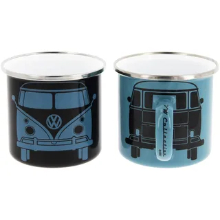 BRISA VW Collection - Volkswagen 2er Set Emaille Kaffee-Tee-Cappuccino-Tasse-Becher-Haferl Mug für Camping & Outdoor T1 Bus (350 ml x2/Schwarz & Blau)