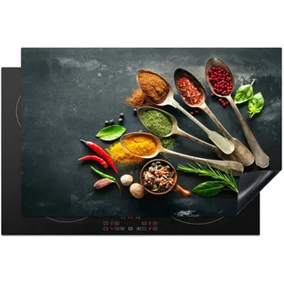 KitchenYeah© Herdabdeckplatte Einteilig Abdeckplatten Glaskeramikkochfeld - Grau | 80x52 cm - Abdeckung Glaskeramikkochfeld Herdplattenabdeckung Induktionsmatte Kräuter - Löffel - Gewürze - Betonoptik
