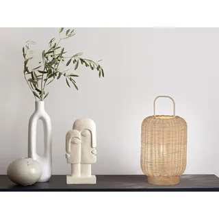 LED Tischlampe dimmbar, Naturmaterial Laterne Holz & Korbgeflecht - 28,5cm klein