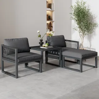 Merax Gartenlounge-Set Rope Seil Sitzgruppe, 4tlg. Gartenmöbel aus Polyrattan und Aluminium, Balkonset Sofagarnitur mit 2 Sessel und 2 Hocker, Grau - Grau