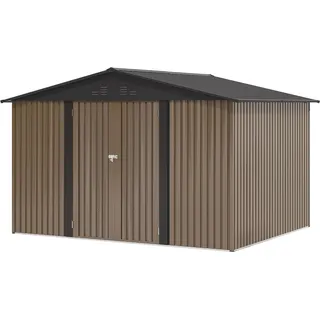 YITAHOME Stahl Gartengerätehaus 10x8FT Robustes Metall Gartenhaus, Wasserdichtes Gerätehaus & Fahrradschuppen mit Doppeltüren & 4 Lüftungen zur Aufbewahrung, 279x224.5x193.5cm,Braun-Schwarz