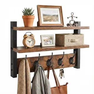 CASDUCT Wandgarderobe mit 2-lagigem Holzbrett Aufbewahrungsregal | Wandregal mit 5 Haken, Hängeregal für Eingang, Schlafzimmer, Wohnzimmer,Rustikales Braun und Schwarz