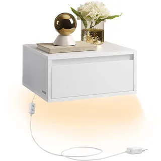 VASAGLE Nachttisch hängend, Leuchte mit 3 Farben, schwebendes Wandregal, Schublade, 35 x 40 x 18 cm, modern, Wohnzimmer Schlafzimmer, wolkenweiß LET654W01