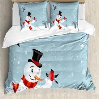 ABAKUHAUS Schneemann Bettbezug, Silvester Vögel, Milbensicher Allergiker geeignet mit Kissenbezügen, 155 cm x 220 cm - 80 x 80 cm, Mehrfarbig
