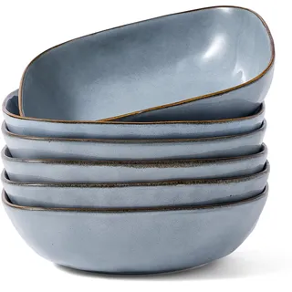 Richmount Ocean Quadratisch Pastateller Tief 6er Set, Bowl Teller Keramik für Pasta, Nudeln, Suppe, Salat -Blau