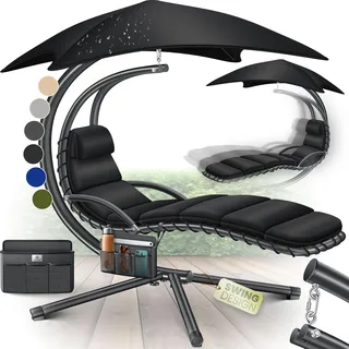 KESSER® Schwebeliege mit Sonnenschirm, Hängeliege , Sonnenliege H200, L194, B100 cm, Relaxliege, Schaukelliege Hängematte , bis 120 kg belastbar , Schaukelliege, Auflagen - Nackenkissen - Schwarz
