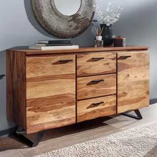 FineBuy Sideboard Sheesham Massivholz 145 cm 2 Türen & 3 Schubladen - Massive Retro Baumkanten Kommode - Design Natur Anrichte - Handdustrial - Braun
