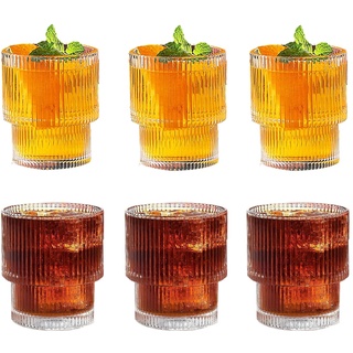 MUJUZE Geriffelte Gläser Set,Trinkglas Set of 6 200ML,Origami-Stil Gerippte Glasses Stapelbar Glasbecher, Ripple Vintage-Trinkgläser klein,Glasses Set ideal für whiskey und Kaffee Gläser