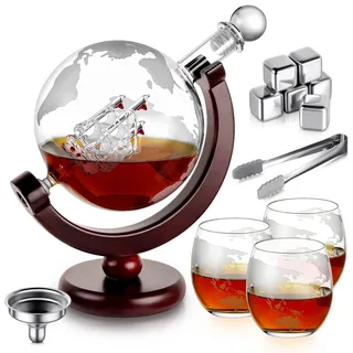Whisky Karaffe Globus Geschenkset für Männer - Mit 6 Steinen und 3 Gläsern - Premium Alkohol zum Geburtstag