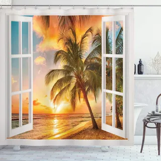 ABAKUHAUS Strand Duschvorhang, Sea Ocean Palms Landschaft, Stoffliches Gewebe Badezimmerdekorationsset mit Haken, 175 x 180 cm, Orange Mehrfarbig