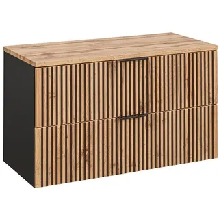 Lomadox Waschtischunterschrank 100 cm für Aufsatzwaschbecken XANTEN-56 in anthrazit mit Eiche Nb. schwarz gerillt, b/h/t: ca. 100,6/59,2/46,5 cm