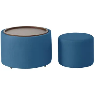 Modfu Couchtisch aus Leinen 58x58x38 cm in Blau mit Stauraum & Holzablage , Textil , 58x38x58 cm , Wohnzimmer, Wohnzimmertische, Couchtische