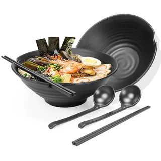 2er-Set große Nudel-Ramen-Schüssel – japanisches Picknickgeschirr aus Kunststoff für Pasta-Gerichte, Salat, Udon, Suppe, Soba-Topf, Nudeln, Schüsseln, 2 × 1100 ml Schüssel, Essstäbchen, Löffel-Set,
