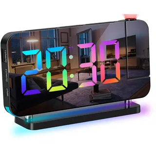 ThreeH Digitaler Regenbogenwecker Projektionswecker Großes LED Spiegel Display Buntes Nachtlicht Duale USB Ladeanschlüsse Snooze Funktion Dimmen Einstellbare Lautstärke Schwarz