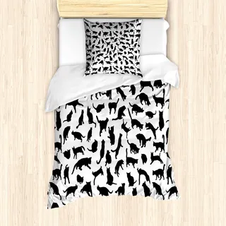 ABAKUHAUS Katzenliebhaber Mantele, Silhouetten in Schwarz, Milbensicher Allergiker geeignet mit Kissenbezügen, 135 cm x 200 cm - 80 x 80 cm, Schwarz-Weiss - Schwarz