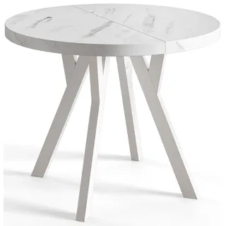 Esstisch Rund Ovo, Moderner Esstich Ausziehbar, Tisch mit Solide Beine, Stabile Konstruktion,, Durchmesser: 110cm-210 cm, Marmur - Hellgrau, Weiß